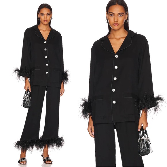 Sleeper Other - Sleeper Party Pajama Set with Double Feathers in Black